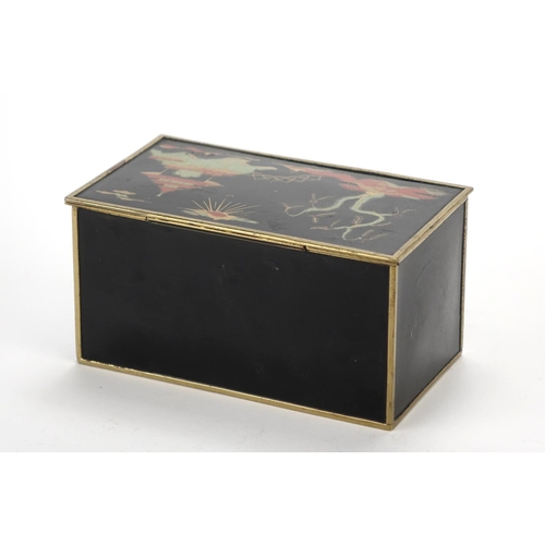 2110 - Vintage lacquered cigarette dispenser decorated in the chinoiserie manner, 8cm H x 15.5cm W x 9cm D