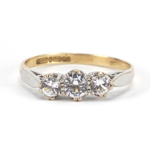 2374 - 9ct gold clear three stone ring, size P, approximate weight 1.8g
