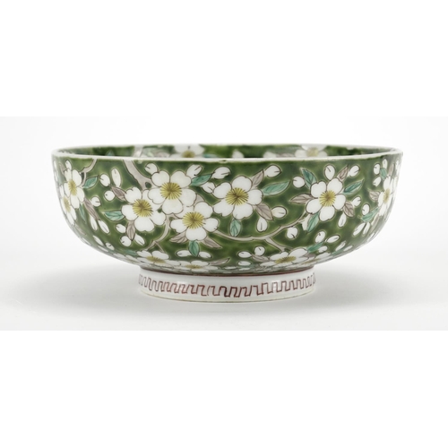2126 - Chinese porcelain footed bowl, hand painted with flowers, character marks to the base, 18cm in diame... 