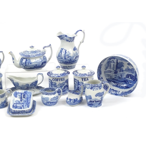 2053 - Spode Italian pattern including three storage jars, teapot, gravy boat on stand, jugs and bowls