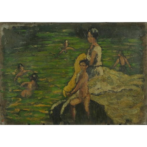 2163 - Females bathing in water, oil on canvas laid on wood panel, bearing a monogram DS, unframed, 59cm x ... 