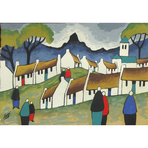 2136 - Figures and buildings before mountains, Irish school gouache on card, bearing a signature Markey, mo... 