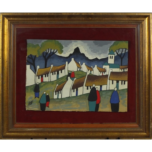 2136 - Figures and buildings before mountains, Irish school gouache on card, bearing a signature Markey, mo... 