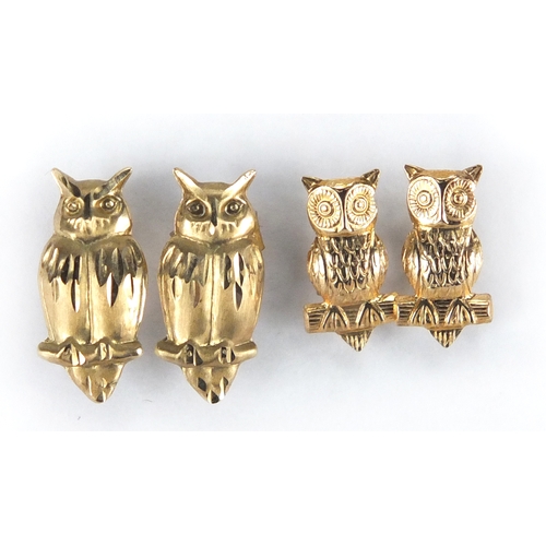 2291 - Two pairs of 9ct gold owl stud earrings, the largest 1.5cm in length, approximate weight 0.8g
