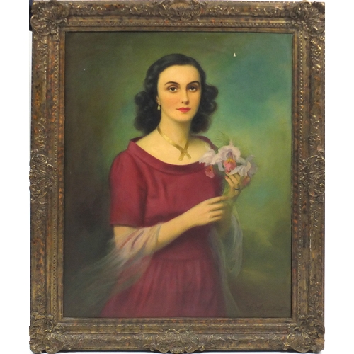 2095 - Female holding flowers, oil on canvas, framed, 90.5cm x 70cm