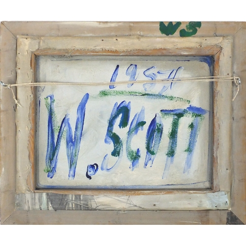 2209 - Still life items on a table, oil on canvas board , bearing an inscription W Scott verso, framed, 50c... 