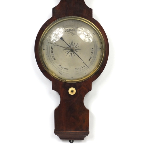 2169 - Victorian mahogany banjo barometer with thermometer and silvered dials, 101cm high