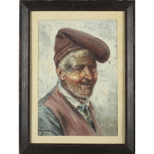 832 - Raffaele Frigerio - Portrait of an elderly man, oil, inscribed verso, mounted and framed, 25cm x 17.... 