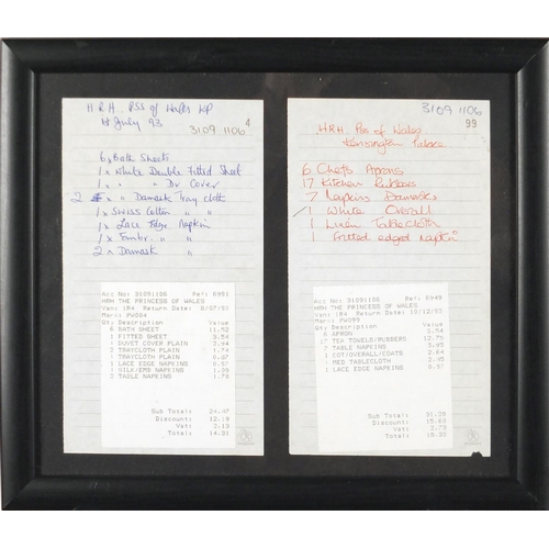 122 - Two HRH The Princess of Wales laundry receipts from Kensington Palace, each dated 1993, framed, each... 