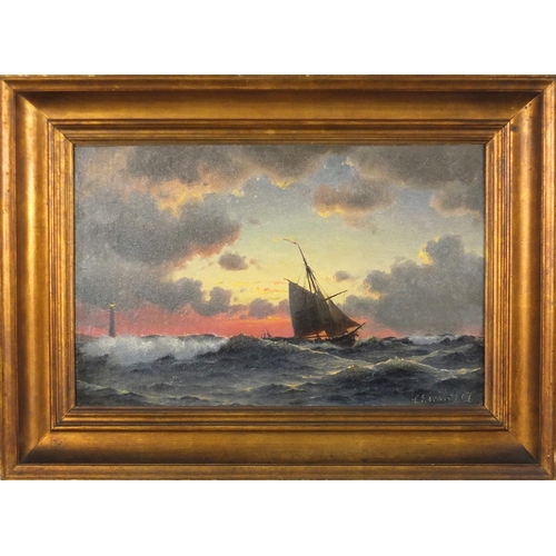 821 - Christian Eckardt 1867 - Ships on stormy sea before a lighthouse, 19th century oil on canvas, framed... 