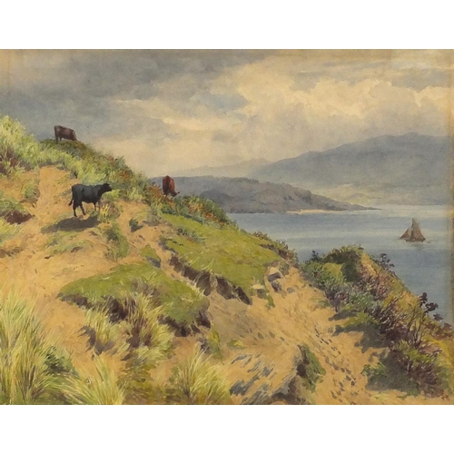 936 - Charles Grant Davidson - Cattle on cliffs, pencil and watercolour, inscribed verso, mounted and fram... 