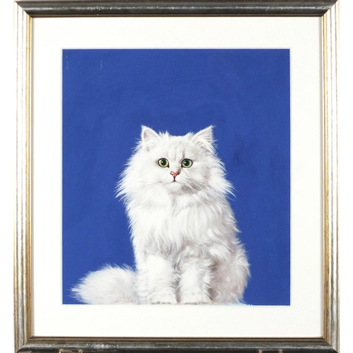 969 - Bryan Bysouth - Cat with green eyes, acrylic, mounted and framed, 28cm x 25cm