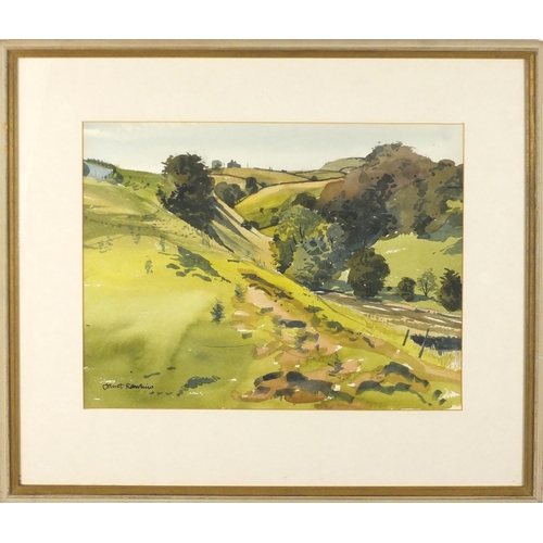 976 - Janet Rawlins - Rural landscape, signed watercolour, mounted and framed, 35cm x 27cm
