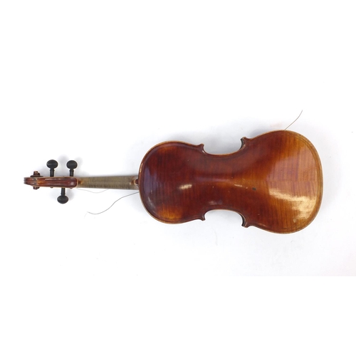 88 - Old wooden violin with scrolled neck, four bows and case, the violin bearing a Giovan Paolo Maggini ... 