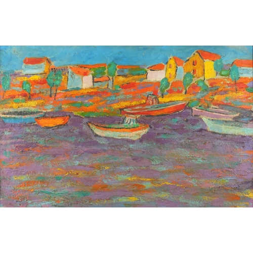 912 - Abstract composition, mooring of boats, oil on canvas, bearing indistinct signature possibly Atobigo... 