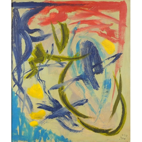 858 - Abstract composition, oil on canvas, bearing a signature John, mounted and framed, 54cm x 44cm