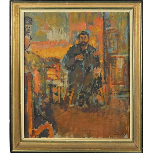 894 - Figure in an interior, post impressionist oil on canvas, bearing a signature Sickert, mounted and fr... 
