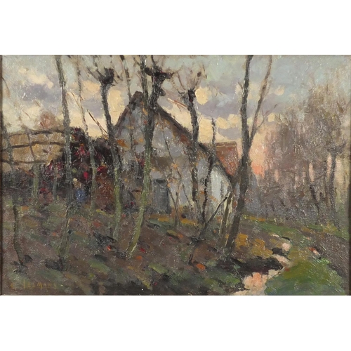 907 - Leemans Constant - House by woods, oil on canvas, label verso, mounted and framed, 45.5cm x 31.5cm