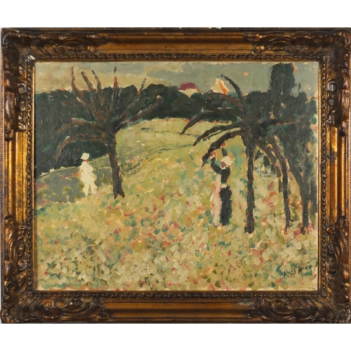 950 - Two figures in a field, post impressionist oil on canvas, bearing an indistinct signature possibly A... 