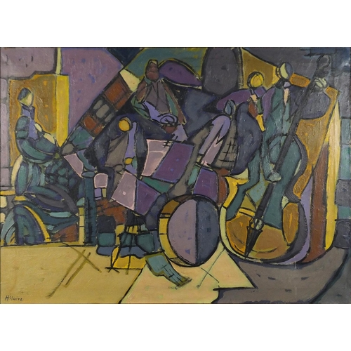 1007 - Abstract composition, musicians, oil on canvas, bearing a signature Hilaire, framed, 74.5cm x 54.5cm