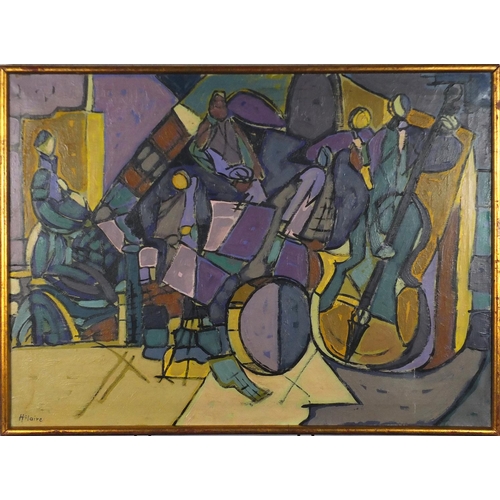 1007 - Abstract composition, musicians, oil on canvas, bearing a signature Hilaire, framed, 74.5cm x 54.5cm