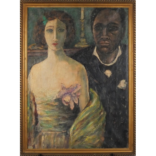 900 - Portrait of a male and female in formal dress, oil on canvas, bearing an indistinct signature possib... 