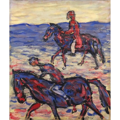 835 - Horse riders by the sea, oil on canvas, bearing an indistinct signature and inscription Benner verso... 