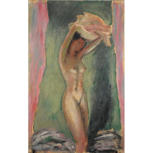 932 - Standing nude female in an interior, oil on canvas, bearing an indistinct signature possibly Domenga... 