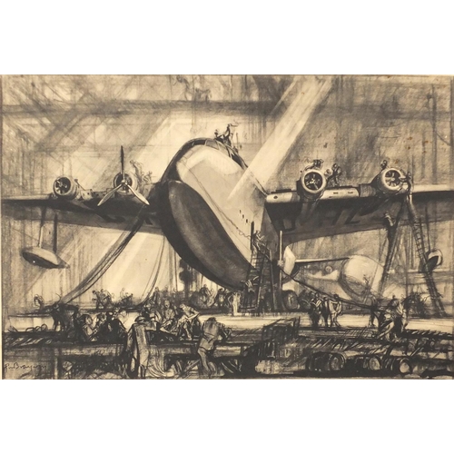1023 - Frank Brangwyn - Britain's aerial shipyard, black and white etching, unframed, 61cm x 46cm