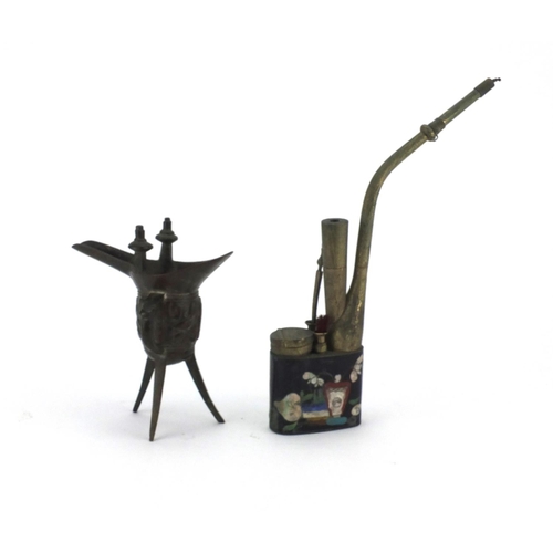 331 - Chinese patinated bronze tripod wine cup and a cloisonné opium pipe, the largest 26.5cm high