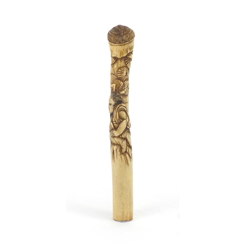 357 - Chinese bone parasol handle carved with two figures and trees, 16cm in length