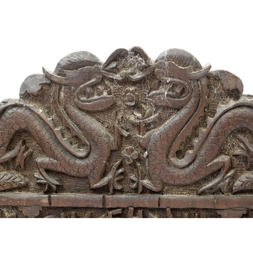 362 - Chinese hardwood three fold table screen, profusely carved with dragons, 62cm H x 84cm W