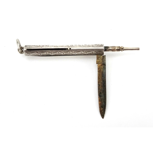 53 - Victorian silver combination knife, tooth pick and propelling pencil together with two glass scent b... 
