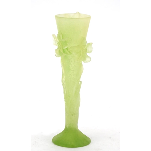 486 - Pate De Verre green glass flower vase by Daum, etched Daum France to the base, 20cm high