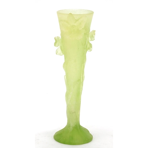 486 - Pate De Verre green glass flower vase by Daum, etched Daum France to the base, 20cm high