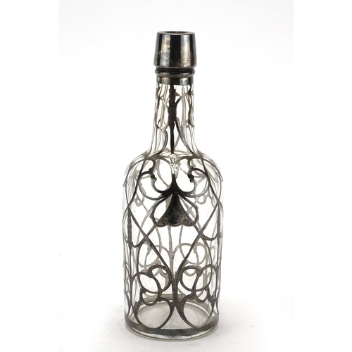 468 - Art Nouveau glass decanter with silver foliate overlay, retailed by Roodruff & Horsfield, 27.5cm hig... 