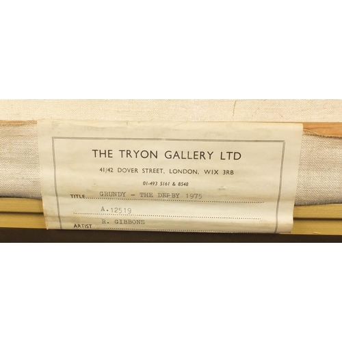 823 - Ruth Gibbons 1975 - Grundy, the 1975 derby, signed oil on canvas, The Tryon Gallery label verso, mou... 