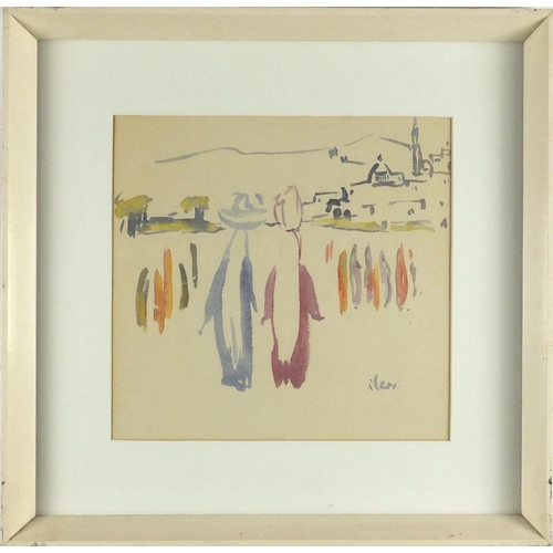 831 - Boats on water, Turkish school watercolour, bearing a signature Ileri, mounted and framed, 23.5cm x ... 