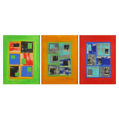 973 - Royston Du Maurier-Lebek - Abstract composition, geometric shapes, set of three mixed media and coll... 