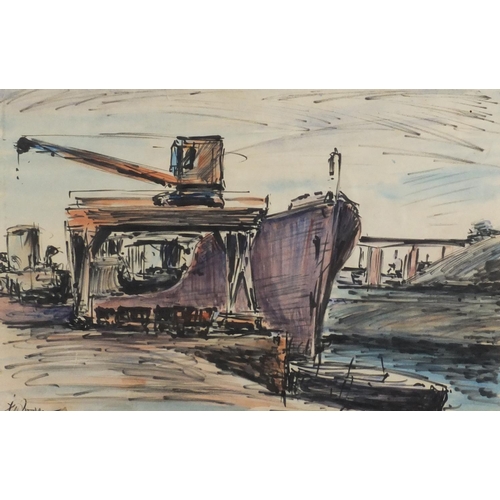 953 - Impressionist dockyard, ink and watercolour, bearing an indistinct signature, mounted and framed, 34... 