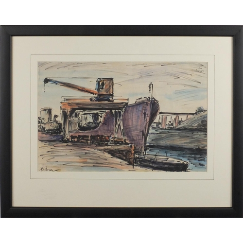 953 - Impressionist dockyard, ink and watercolour, bearing an indistinct signature, mounted and framed, 34... 