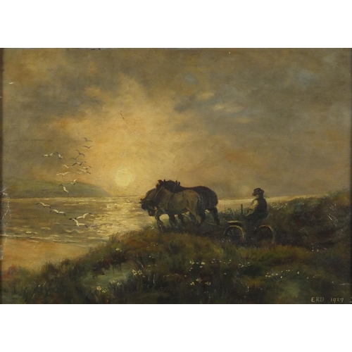 924 - Horse drawn cart with a figure at sunset and two others, three early 20th century English school oil... 