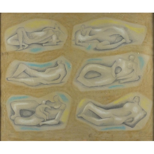 845 - Manner of Henry Moore - Surreal nude figures, pencil and pastel, framed, 60cm x 50cm