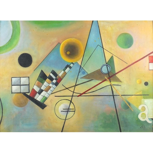 861 - Abstract composition, geometric shapes, Russian school oil, bearing a monogram K and inscriptions Ka... 