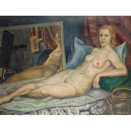 961 - Manner of Margaret Fisher-Prout - Nude female in an interior, oil on board, inscribed verso, framed,... 