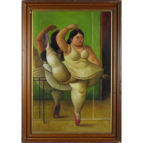 884 - After Fernando Botero - Ballerina, oil on board, mounted and framed, 72.5cm x 47cm