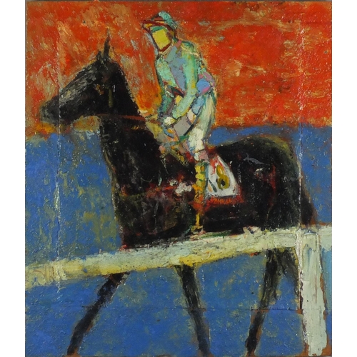 825 - Attributed to Elisabeth Frink - Jockey on horseback, oil on wood panel, inscribed verso, framed, 48.... 