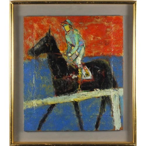 825 - Attributed to Elisabeth Frink - Jockey on horseback, oil on wood panel, inscribed verso, framed, 48.... 