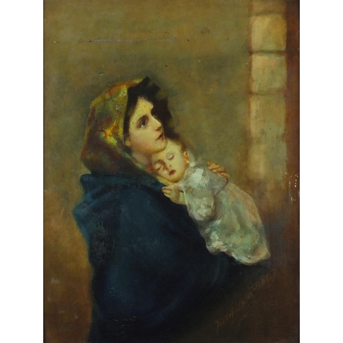 908 - Mother with child, late 19th century oil on board, bearing an indistinct signature possibly Victor P... 
