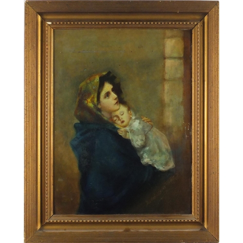 908 - Mother with child, late 19th century oil on board, bearing an indistinct signature possibly Victor P... 